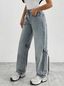 EURMUSE LOW WAIST LEG DETAILED STRAIGHT LEG JEAN - Light Wash - View 5