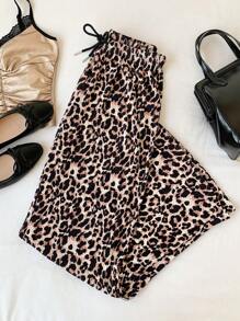 Comfortcana Women Summer Casual Leopard Print Drawstring Waist Straight Leg Pants