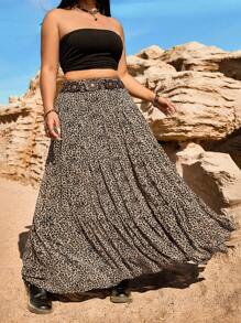 SHEIN EZwear Plus Size Retro Bohemian Leopard Print Chiffon High Waist Skirt - Brown - View 1