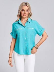 SHEIN LUNE 女士单排扣口袋贝壳边短袖休闲衬衫 - 水鴨藍 - 查看 4