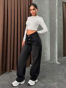 EURMUSE WOMEN STRAIGHT MID WAIST JEANS - Dark Grey - View 6