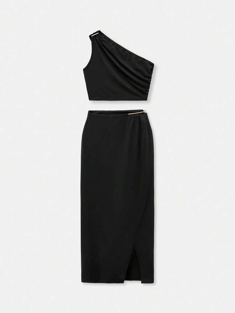 SHEIN Maija Neuer Frühlings- und Sommerstil schwarzer Metallschnallen-Webetop, urban-modern und eleganter Rock, Damen Zweiteiler, Alltags-Lässig, geeignet für Ausgehen, Urlaub, Urlaubsparty, Hochzeit-Date-Outfit