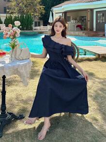 DAZY 女士不对称肩部短袖牛仔长裙，荷叶边，露肩上衣，度假风 - 中等水洗藍 - 查看 6