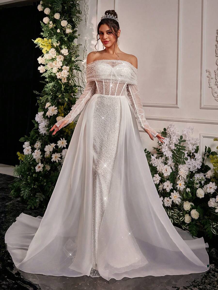 Glamrae Đầm Maxi trễ vai tay dài trong suốt thêu ngọc trai giả màu trắng lãng mạn thanh lịch, phù hợp cho sự kiện cưới và váy cưới - trắng - Xem 1