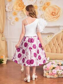 SHEIN Conjunto de top de punto con tirantes acanalados y falda jacquard floral elegante para niñas preadolescentes, perfecto para primavera/verano, vacaciones, verano y viajes - Rosa - Ver 2