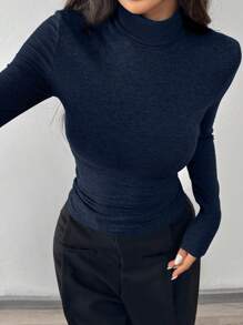 SHEIN EZwear 海军蓝加大码女式高腰长袖褶皱修身T恤 - 藏蓝色 - 查看 4
