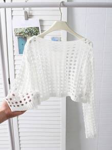 SHEIN 青少年女孩休闲简约舒适镂空面料喇叭袖罩衫 - 白色 - 查看 7