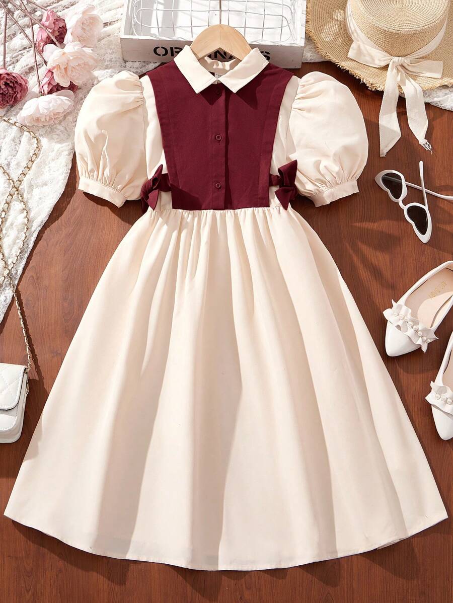 SHEIN Vestido informal de manga corta con cuello y amarre lateral en contraste de color para niñas preadolescentes - Burdeos - Ver 1