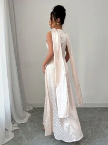 Elenzga Women's Elegant Charming Party Dress With Satin Polka Dot Embroidery, Sleeveless, Cinched Waist, A-Line Hem, Scarf Collar, Solid Color Maxi Dress - Apricot - View 2