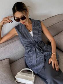 SHEIN Frenchy Women Striped Lapel Sleeveless Casual Blazer