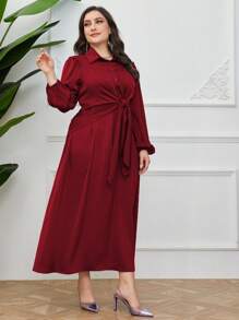 Modelyn Women's Plus Size Lantern Sleeve Layered Dress With Tie Bow, Elegant Satin Party Dress - Multicolor - View 5