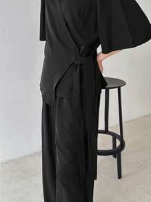 FRIFUL 2pcs Women Set: Cinched Waist T-Shirt And Pants - Black - View 8