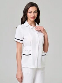 TaskEZ Scrub Uniform Top, Minimalist & Fashion, Casual Everyday Wear - White - View 6