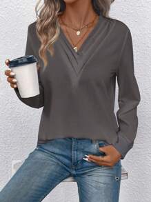 SHEIN LUNE Solid V Neck Sweatshirt Pullover Fall Sweatshirt - Dark Grey - View 6