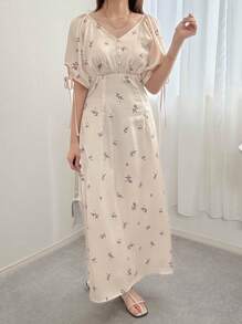 FRIFUL Women's Long Ditsy Floral Ruched Waist Puff Sleeve Dress, Summer,Casual Women Dresses