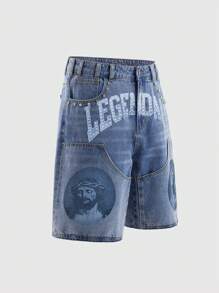 ROMWE MEN Street Life 男士宗教字母印花贴袋宽松休闲百搭牛仔短裤