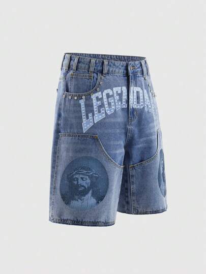 Goth Shorts en jean amples, décontractés et polyvalents pour hommes avec imprimé de lettre religieuse et poche appliquée