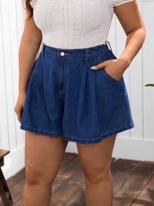 Breezaya Plus Size Women Loose Pockets A-Line Denim Shorts - Medium Wash - View 3