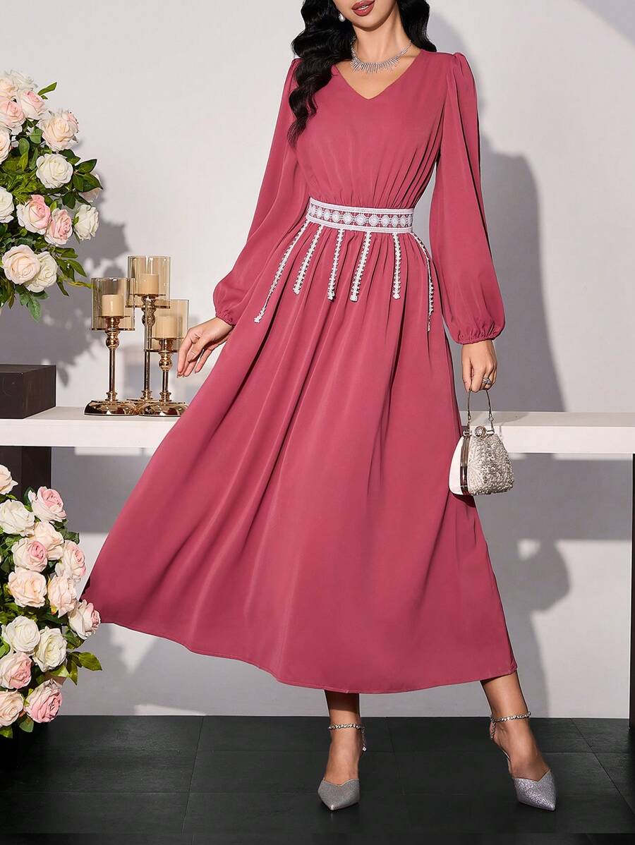 Modelyn Damen langes, elegantes Kleid mit gerüschter Taille, ausgestelltem Rock, für Frühling/Sommer