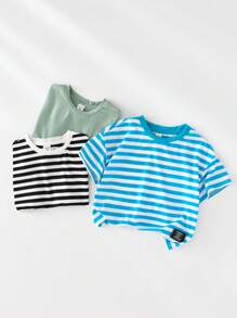 SHEIN 3 Packs Young Boys Buy Two Get One Free Boys' Leisure College Japanese And Korean Street Fashion Versatile Breathable Comfortable Striped Net Color Short Sleeved T-Shirt Multi Piece Set