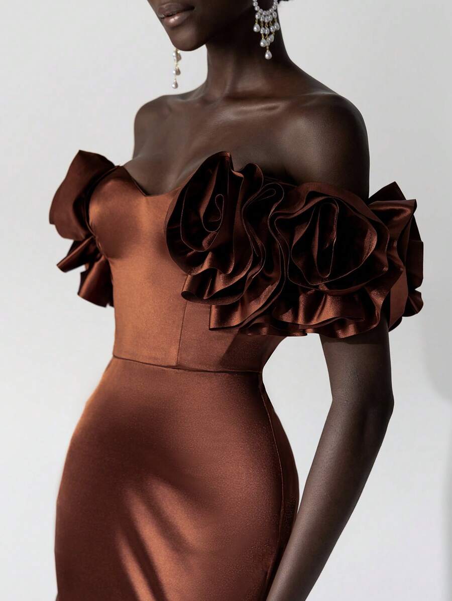 Elitara Elegant And Luxurious Off Shoulder 3D Floral Ruffles Mermaid Fitted Dress With Train, Wedding Guest Dress, Suitable For Wedding, Party, Vacation, Prom, Formal Occasion, Evening Dress,Gown