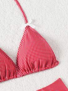 Tween Girls' Cute Plaid Bow Decor Holiday Bikini Set