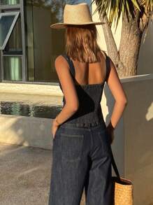 Livesso 女士牛仔吊带背心和裤子套装，返校服装 - 深色水洗藍 - 查看 5