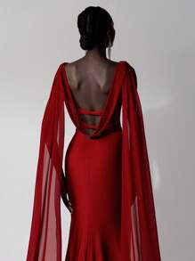 SHEIN Belle 优雅的勃艮第色垂坠领露背扭纹拼接雪纺长裙，带荷叶边拖尾，可作为晚礼服、派对礼服、婚礼宾客礼服、正式礼服 - 酒紅色 - 查看 5