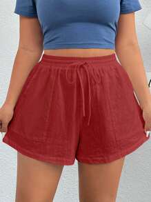 Solflare 勃艮第色编织运动风格大码女式短裤 - 酒紅色 - 查看 1