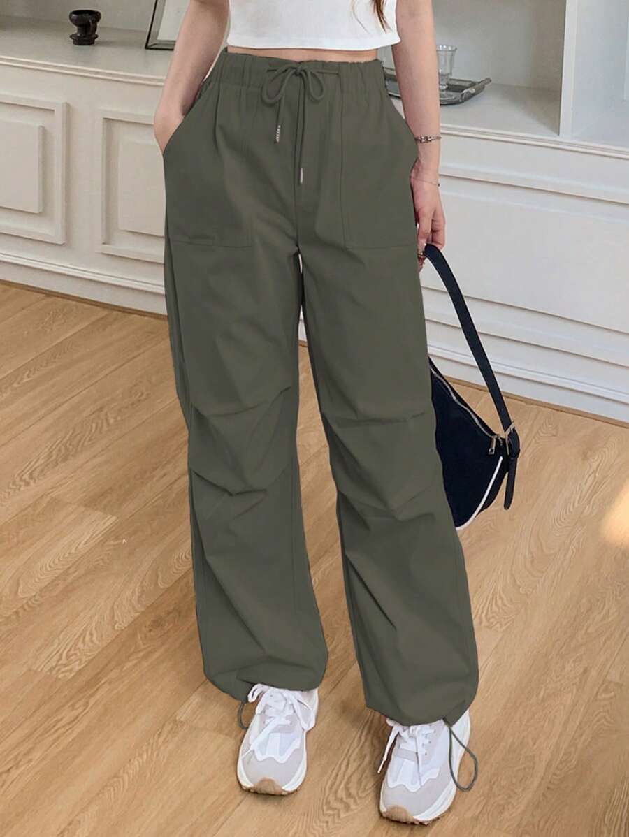 DAZY 净色抽绳腰部斜口袋裤子