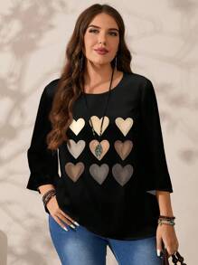 EMERY ROSE 大码女式心形渐变网格图案印花休闲宽松 3/4 袖衬衫，适合春夏季