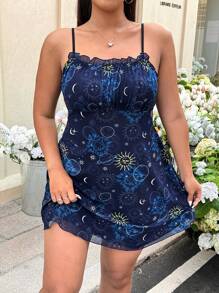 GalTyme 太阳、月亮和星星印花网眼吊带大码连衣裙 - 藏蓝色 - 查看 4