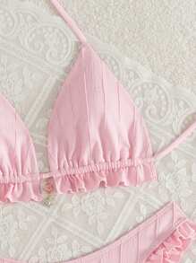 SHEIN Swim 2 pièces/set Nouveau bikini triangle ras-du-cou texturé unicolore avec décoration de coquille métallique, ensemble de maillot de bain sexy et élégant pour la plage, la piscine, les fêtes, la Saint-Valentin, pour les vacances d'été - Rose bonbon - Voir 6