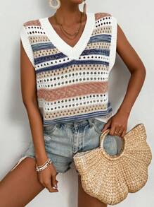 Breezaya Women Striped Hollow-Out Colorful Sweater Vest - Multicolor - View 3