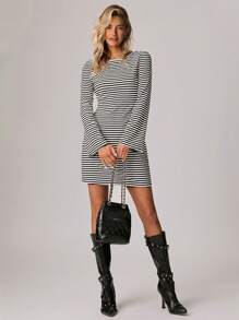 Forever 21 Women Striped Round Neck Bell Sleeve Casual Straight Dress - Multicolor - View 1