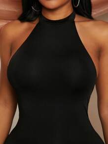 SHEIN SXY Spring/Summer Valentine's Day Wedding Season Guests Wear A Black High-Stretch Knit Halter Sleeveless, High Slit, Large Halter With Chain Decoration Long Slim-Fit Dress
