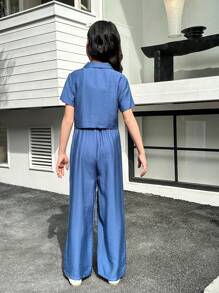 2 件 Tween 女童牛仔效果纹理蓝色短袖衬衫和宽松字母装饰连体裤