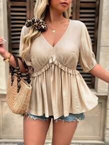 Breezaya Blusa de vacaciones para mujer de talla grande con mangas 5/10, cuello en V, cintura fruncida, volantes en el dobladillo y parches, estilo casual y de moda para el verano