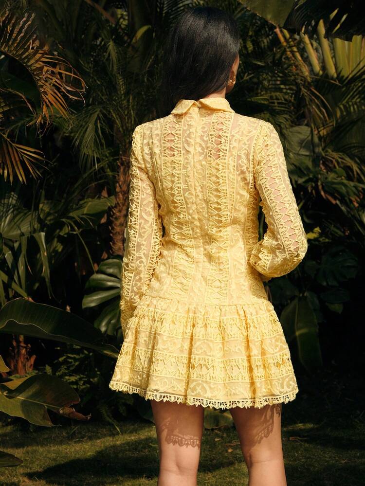 Delicate Hollow Embroidered Sheer Puff Sleeve Waist Cinched Elegant Woman's Dress, Suitable For Festival, Going Out, Vacation, Spring