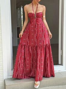 Sunnyshic 度假图案印花露背挂脖连衣裙