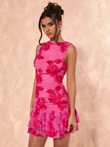 SHEIN BAE Women's Summer Vacation Elegant Textured Knit Fabric Double Layer Ruffle Hem Mini Dress, Beach Outfits For Woman, Concert Outfit Women, Brunch Outfits For Women, Beach Vacation Outfits, Festival Outfits For Women, Birthday Dress, Graduation Dress Summer Dresses For Women - Pink - View 5