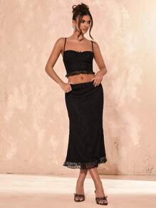 SHEIN BAE Damen 2-teiliges Set aus Tank Top & A-Linien Rock Outfit, minimalistisch modische lässige Streetwear - Schwarz - Übersicht 3