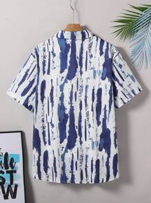 男士时尚休闲翻领短袖泼墨印花度假衬衫 - 寶藍色 - 查看 2