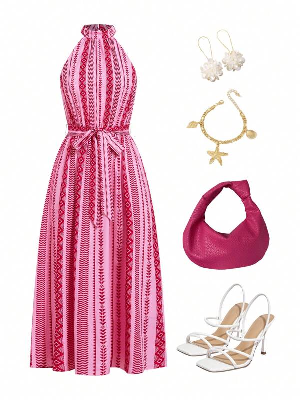 Ellevyn Vestido largo y fluido de cuello halter con estampado retro elegante y cinturón para mujer, vestido de playa de verano, vestido dopamina con tirantes para mujeres