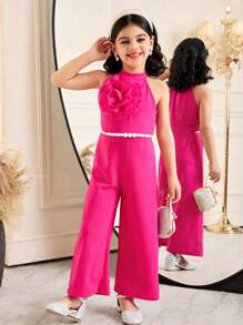 SHEIN Young Girl's Sleeveless Jumpsuit With Elegant Organza 3D Floral Decoration & Stand Collar
