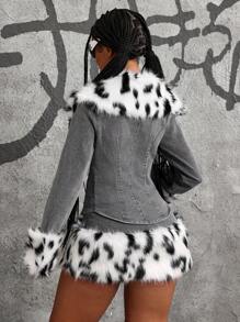 Jeanoix Women's Animal Print Faux Fur Collar Long Sleeve Fitted Denim Jacket, Autumn/Winter - Black - View 2