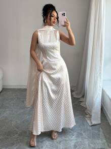 Elenzga Women's Elegant Charming Party Dress With Satin Polka Dot Embroidery, Sleeveless, Cinched Waist, A-Line Hem, Scarf Collar, Solid Color Maxi Dress - Apricot - View 5