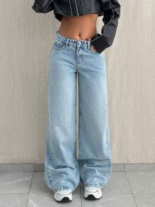 EURMUSE Jeans mit weitem Bein, niedriger Taille, Taschen und Rissen - Helle Waschung - Übersicht 5