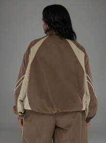 MUSERA Plus Size Nylon Stand Collar Panel Full Zip Jacket For Everyday, Street Style, Streetwear, Y2K, 2000'S Style, Cool Streetwear - Multicolor - View 3