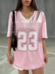 StreetHx Y2K 休闲运动超大数字印花网眼 T 恤，街头风格